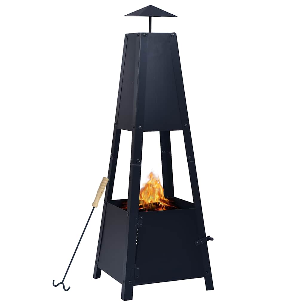 Black powder-coated steel fire pit with pyramid shape, four legs, and included poker tool.