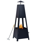 Black powder-coated steel fire pit with pyramid shape, four legs, and included poker tool.