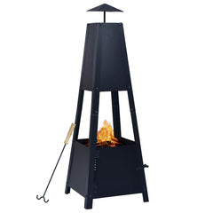 Black powder-coated steel fire pit with pyramid shape, four legs, and included poker tool.