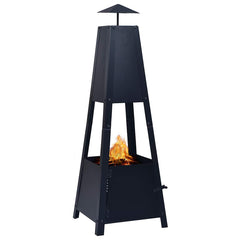Black powder-coated steel pyramid fire pit with flames, 13.8x13.8x39 inches.