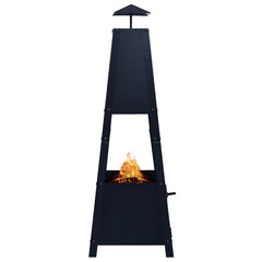 Black powder-coated steel pyramid fire pit with flames, 13.8x13.8x39 inches.