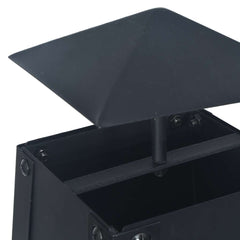 Black powder-coated steel fire pit with pyramid top and four-leg base, 13.8x13.8x39 inches.
