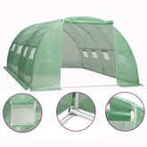 Green PE mesh greenhouse measuring 13.1x13.1x6.6 feet with side windows and door.