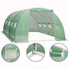 Green PE mesh greenhouse measuring 13.1x13.1x6.6 feet with side windows and door.