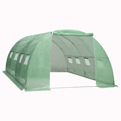 Green PE mesh greenhouse measuring 13.1x13.1x6.6 feet with arched frame and windows.