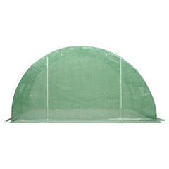 Green PE mesh greenhouse with arched frame, measuring 13.1x13.1x6.6 feet.