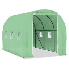 Green PE mesh fabric greenhouse, 11.3x6.6x6.6 ft, with galvanized steel frame, door, and side windows.
