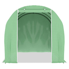 Green PE mesh fabric greenhouse with arched galvanized steel frame and open door.