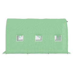 Green PE mesh fabric greenhouse, 11.3x6.6x6.6 ft, with steel frame and side windows.