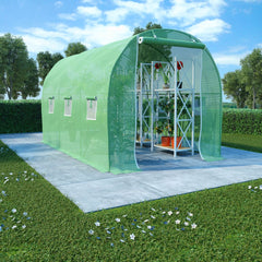 Green PE mesh fabric greenhouse, 11.3x6.6x6.6 ft, with steel frame, windows, door, and plants inside on a lawn.