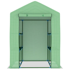 Green steel-frame greenhouse, 56.3x56.3x76.8in, with shelves and open zip door.