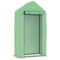 Greenhouse with steel frame and green PE mesh, 3.3x1.6x6.2 ft, with roll-up door.