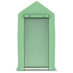Green steel frame greenhouse with PE mesh, 3.3x1.6x6.2 ft, front door open.
