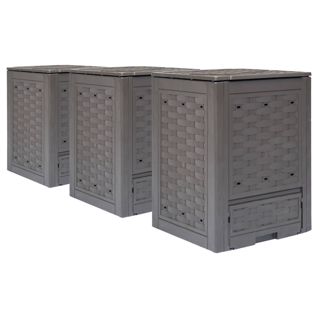 Three brown plastic rattan garden composters are arranged in a row.