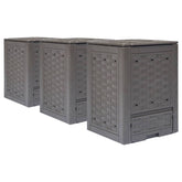 Three brown plastic rattan garden composters are arranged in a row.