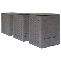 Three brown plastic rattan garden composters are arranged in a row.