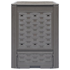 A brown plastic rattan composter with a textured lid and a lower access door.