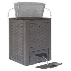 Brown plastic rattan garden composter with open lid and drawer, showing wicker texture.