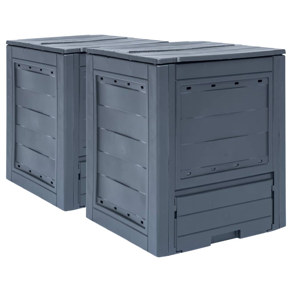 Two gray plastic garden composters with lids and ventilation holes, 137-gallon total capacity.
