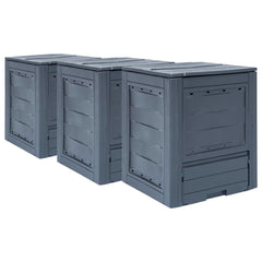 Three gray plastic composters with rattan-look design, arranged side by side.