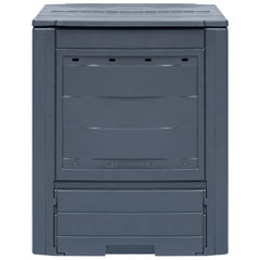 Gray plastic garden composter with rattan design, vents, and 68.7-gallon capacity.