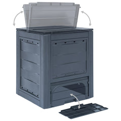 Gray plastic garden composter with open lid, vents, and removable tray.
