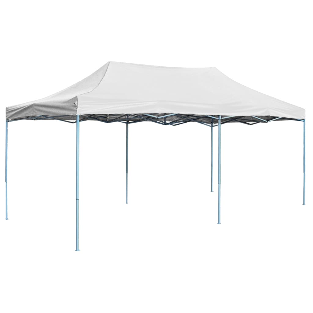 White 10x20 ft folding party tent with steel frame and waterproof fabric roof.