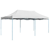 White 10x20 ft folding party tent with steel frame and waterproof fabric roof.