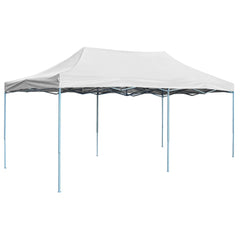 White 10x20 ft folding party tent with steel frame and waterproof fabric roof.