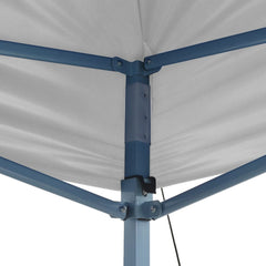White 10x20 ft folding party tent with steel frame and blue support beams.