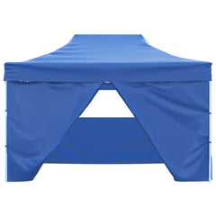 A blue folding party tent with a steel frame and four sidewalls.