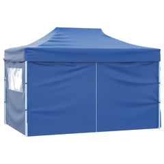 A blue folding party tent with a steel frame and four sidewalls, one with a clear window.