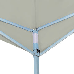 Cream folding gazebo with blue steel frame and white joint, showing corner detail.