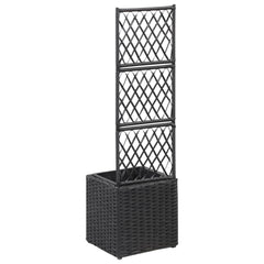 Black poly rattan raised garden bed with trellis and removable pot for climbing plants.
