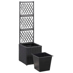 Black poly rattan raised garden bed with trellis and removable pot for climbing plants.