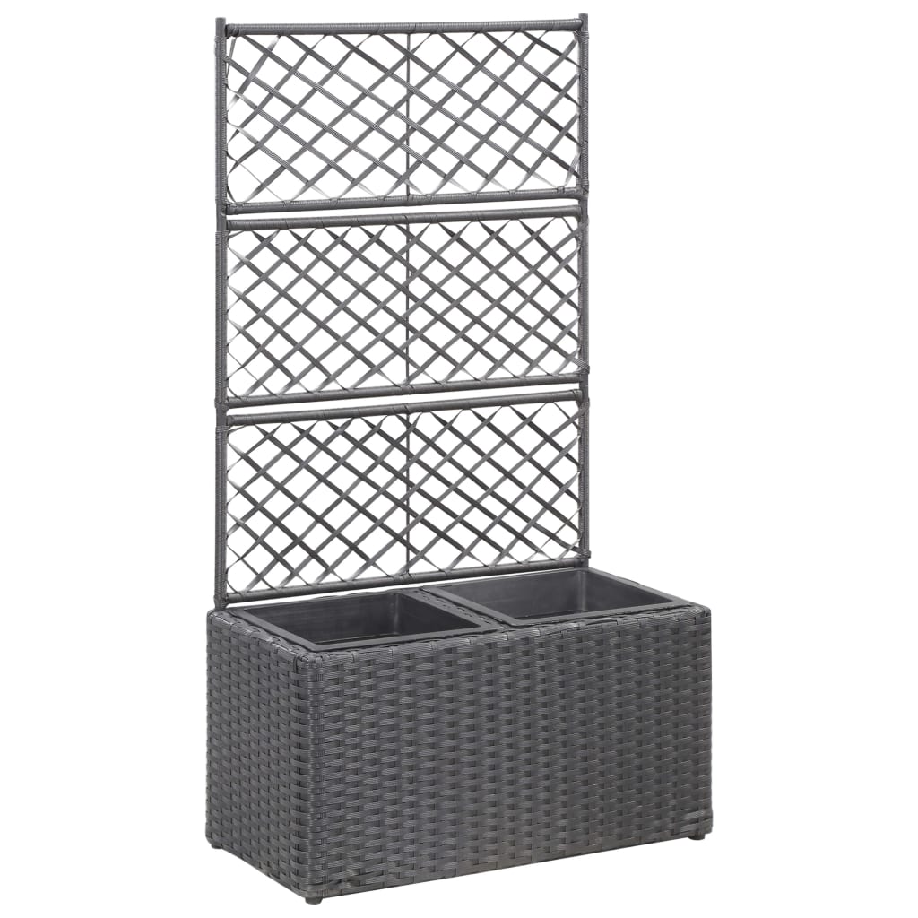 Black poly rattan trellis raised garden bed with two integrated planter pots.