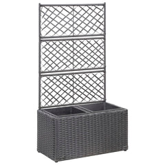 Black poly rattan trellis raised garden bed with two integrated planter pots.