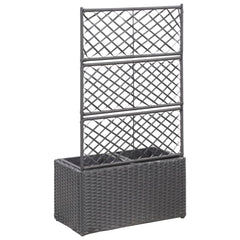 Black poly rattan trellis raised garden bed with lattice panels and two integrated planter pots.