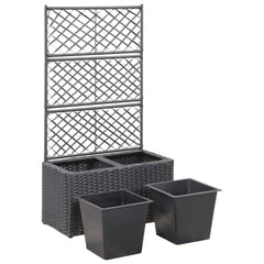 Black poly rattan trellis raised garden bed with two included planter pots.