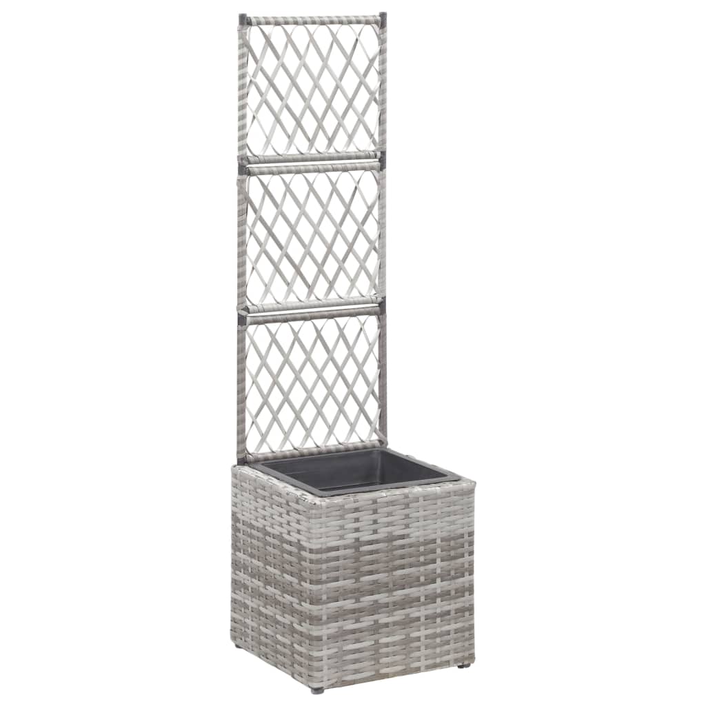 Gray poly rattan raised bed planter with tall trellis and removable black pot inside