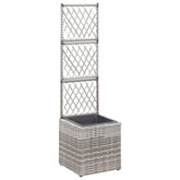 Gray poly rattan raised bed planter with tall trellis and removable black pot inside