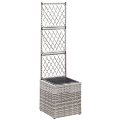 Gray poly rattan raised bed planter with tall trellis and removable black pot inside