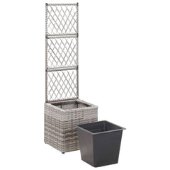 Gray poly rattan raised bed planter with tall trellis and removable black planting pot.