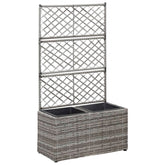 Gray poly rattan raised garden bed with trellis and two removable planting pots.