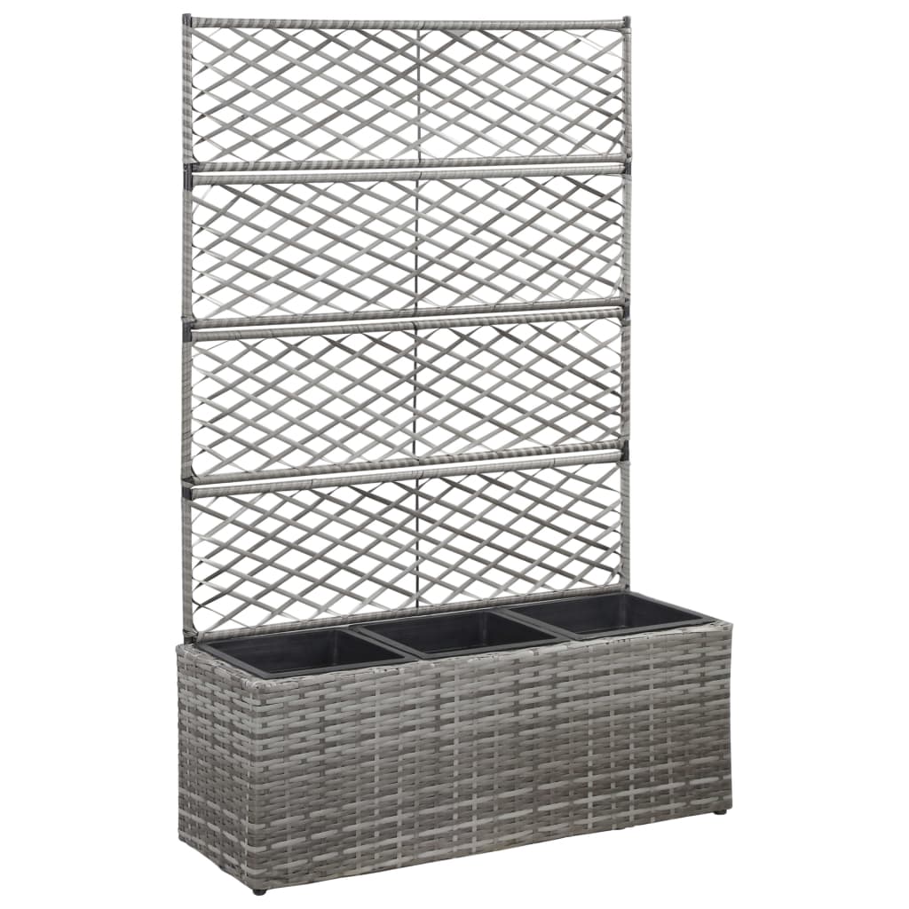 Gray poly rattan raised garden bed with trellis and three removable planting pots.