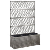 Gray poly rattan raised garden bed with trellis and three removable planting pots.