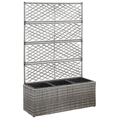 Gray poly rattan raised garden bed with trellis and three removable planting pots.