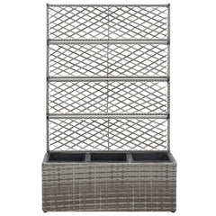 Gray poly rattan raised garden bed with trellis and three removable planting pots.