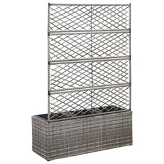Gray poly rattan raised garden bed with trellis and three removable planting pots.