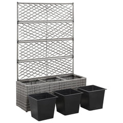 Gray poly rattan raised garden bed with trellis and three removable pots for planting.